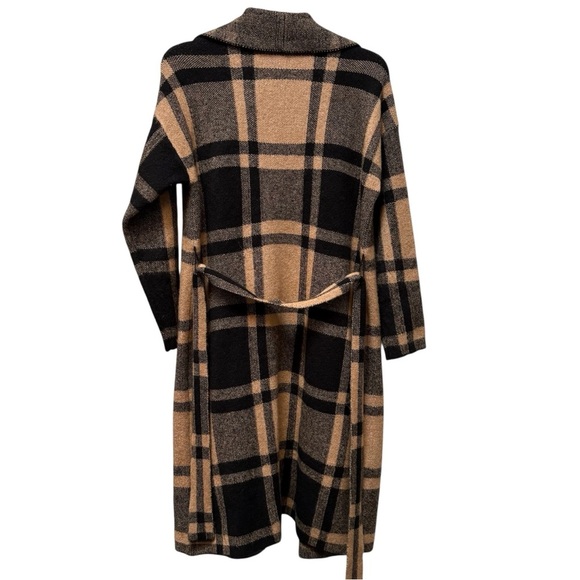 Liz Claiborne Plaid Open Front Cardigan Brown Belted Pockets Cozy Fall Large - Picture 3 of 8